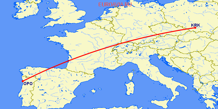 перелет Краков — Порту на карте
