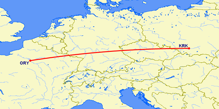 перелет Краков — Париж на карте