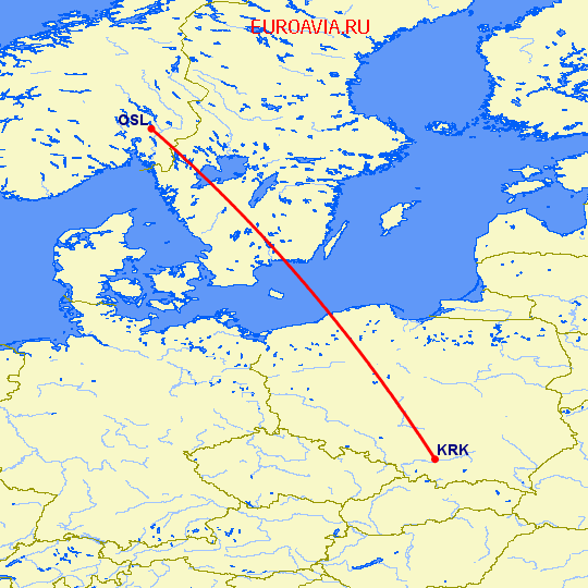 перелет Краков — Осло на карте