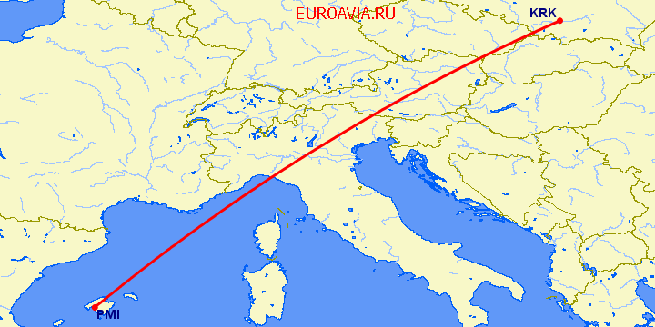 перелет Краков — Пальма де Майорка на карте