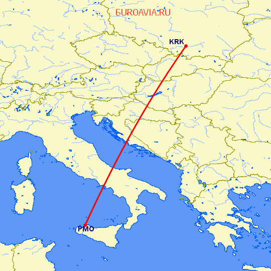 перелет Краков — Палермо на карте