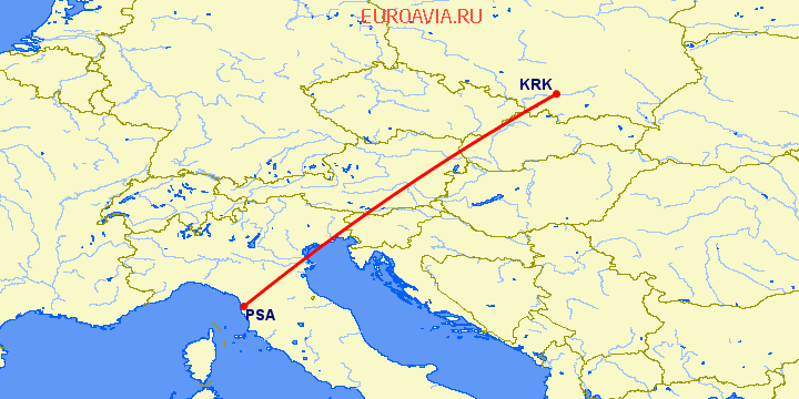 перелет Краков — Пиза на карте