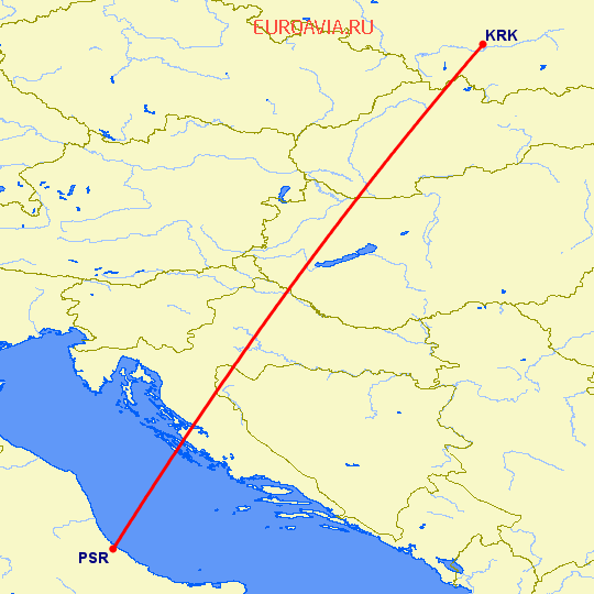 перелет Краков — Пескара на карте
