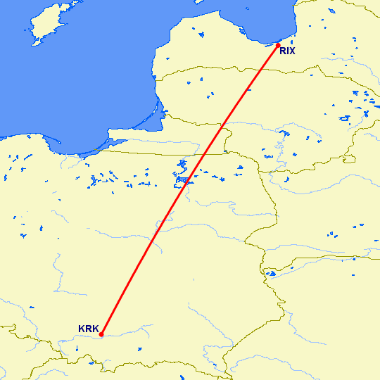 перелет Краков — Рига на карте