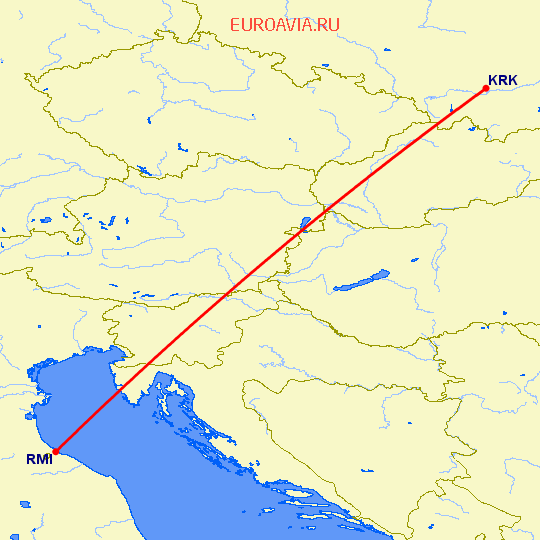перелет Краков — Римини на карте