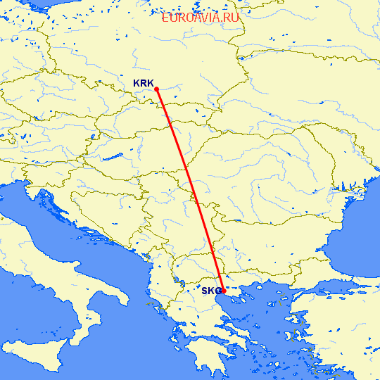 перелет Краков — Салоники на карте