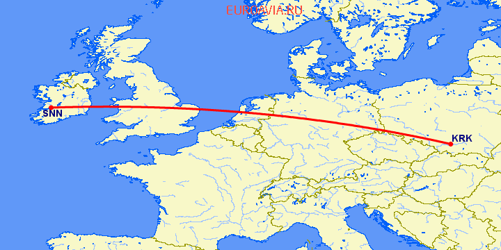 перелет Краков — Шеннон на карте