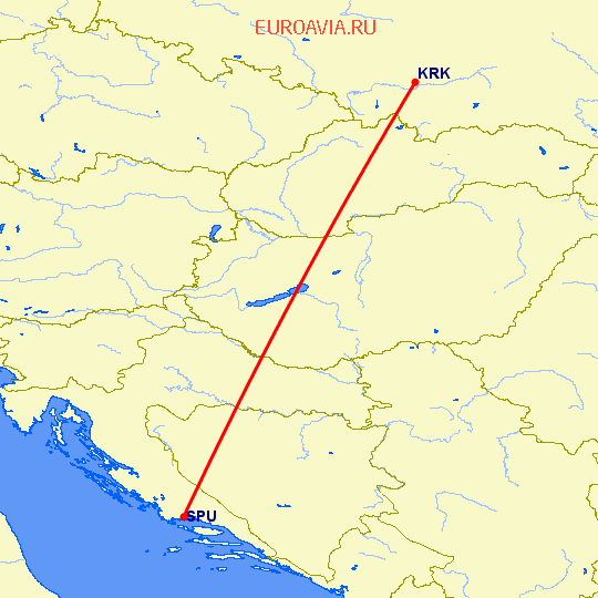 перелет Краков — Сплит на карте
