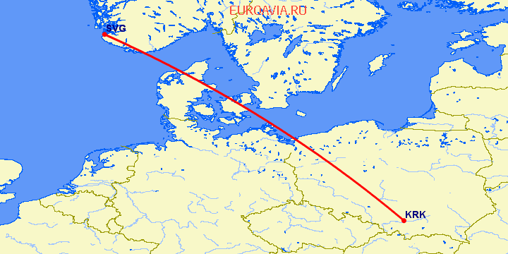 перелет Краков — Ставангер на карте