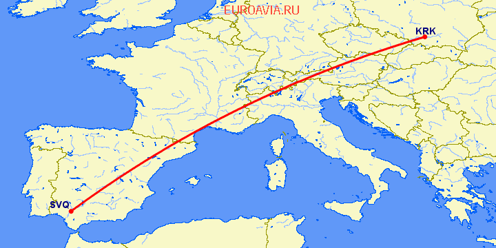 перелет Краков — Севилья на карте