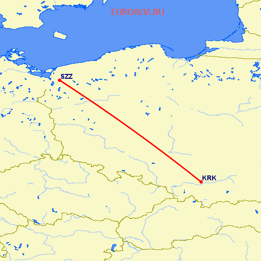 перелет Краков — Щецин на карте