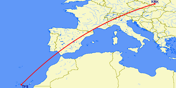 перелет Краков — Тенерифе на карте