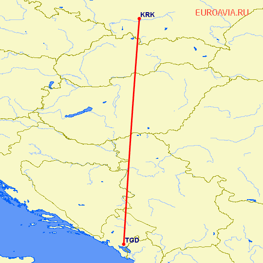 перелет Краков — Подгорица на карте