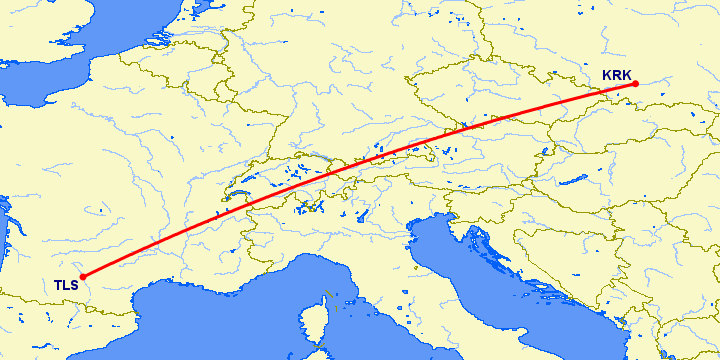 перелет Краков — Тулуза на карте