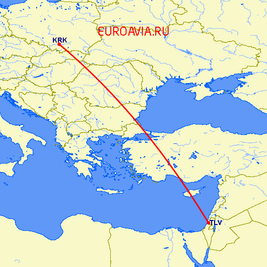 перелет Краков — Тель Авив на карте