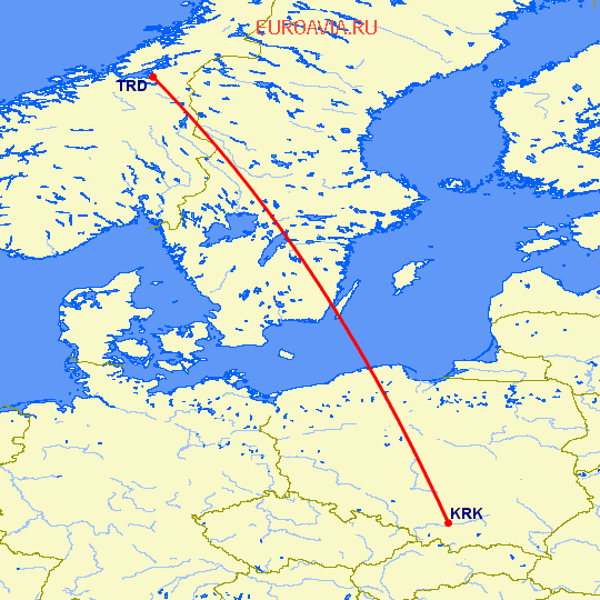 перелет Краков — Тронхейм на карте