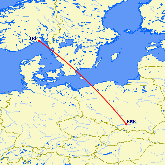 перелет Краков — Осло Торп на карте