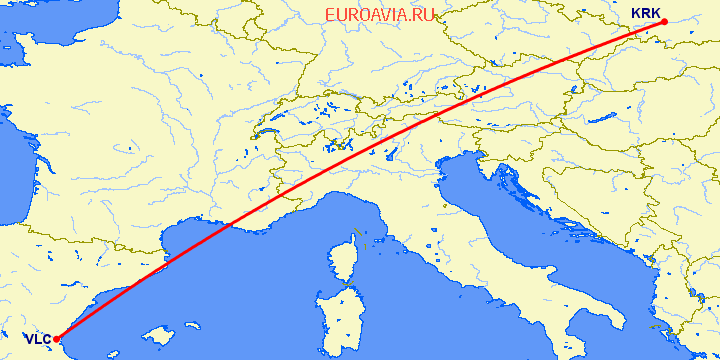 перелет Краков — Валенсия на карте