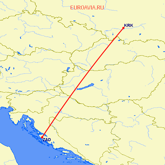 перелет Краков — Задар на карте