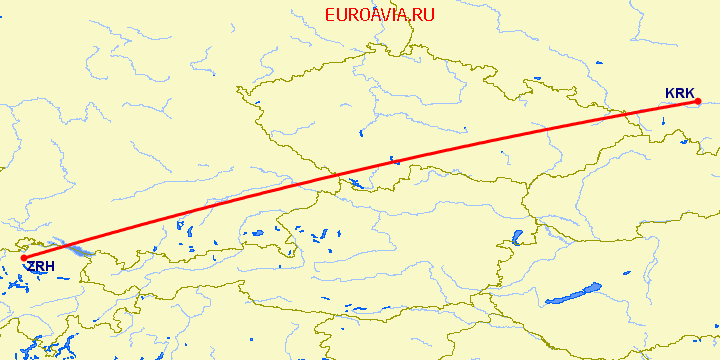 перелет Краков — Цюрих на карте
