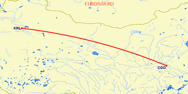 перелет Корла — Чженчжоу на карте