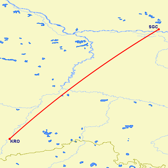 перелет Курган — Сургут на карте