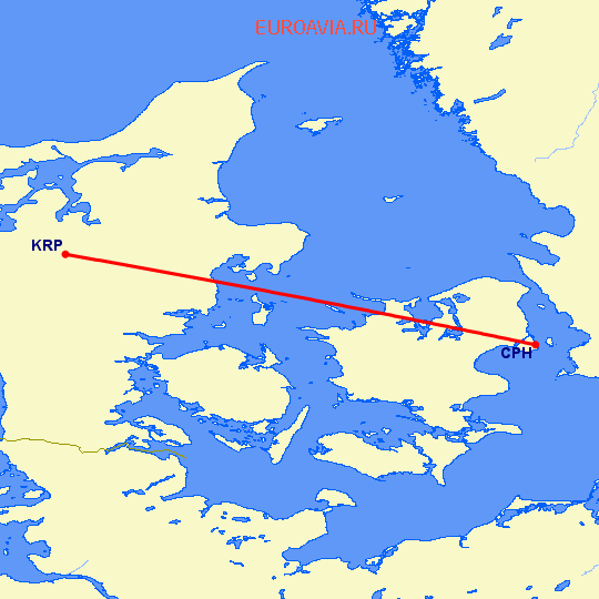 перелет Каруп — Копенгаген на карте
