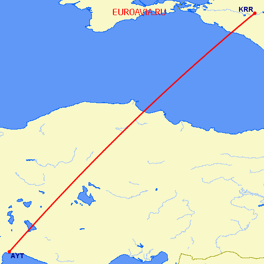перелет Краснодар — Анталия на карте