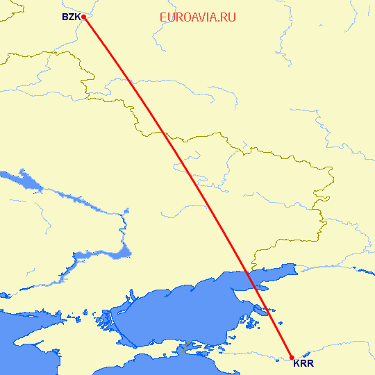 перелет Краснодар — Брянск на карте