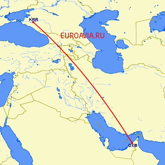 перелет Краснодар — Дубай на карте