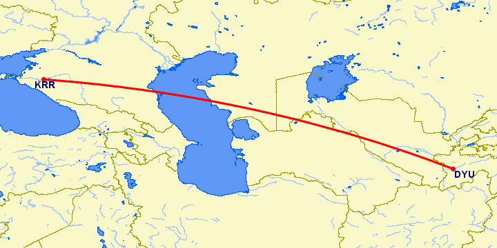 перелет Краснодар — Душанбе на карте