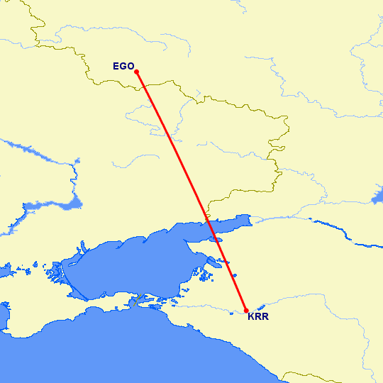 перелет Краснодар — Белгород на карте