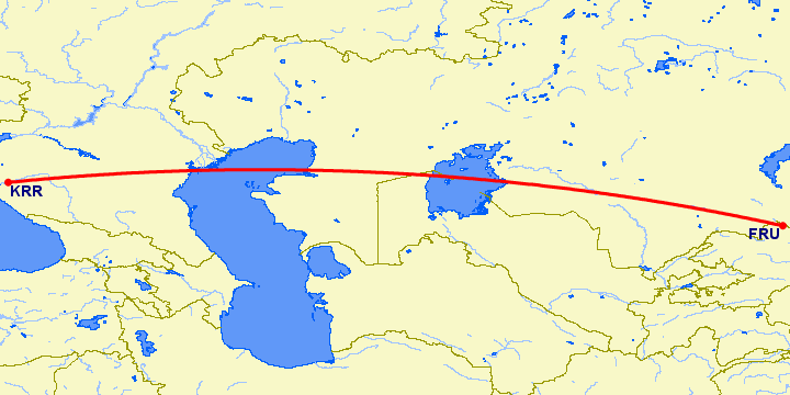 перелет Краснодар — Бишкек на карте