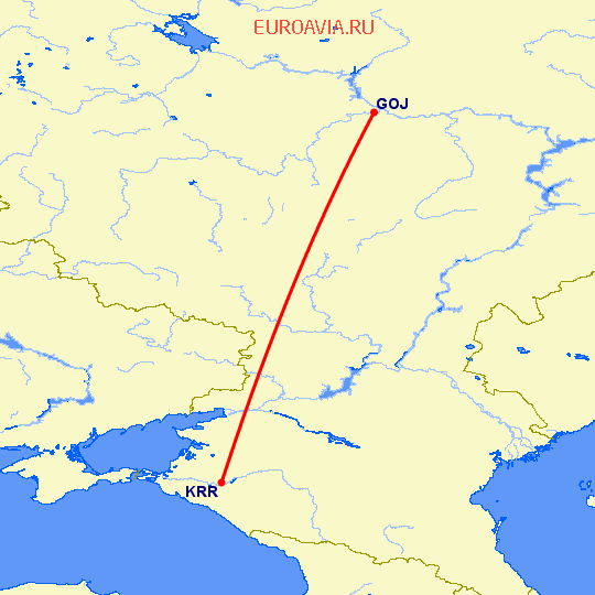 перелет Краснодар — Нижний Новгород на карте