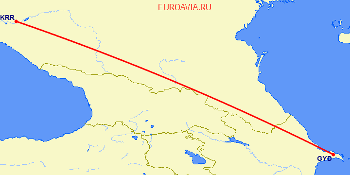 перелет Краснодар — Баку на карте