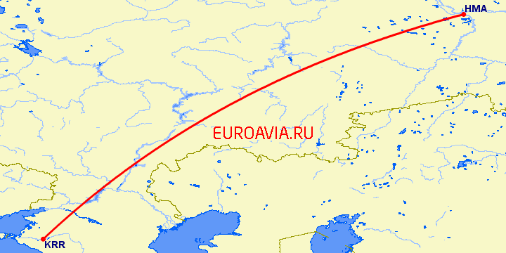 перелет Краснодар — Ханты Мансийск на карте