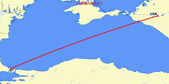 перелет Краснодар — Стамбул на карте