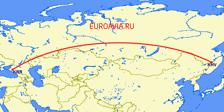перелет Краснодар — Хабаровск на карте