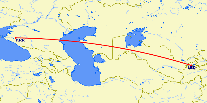 перелет Краснодар — Худжанд на карте