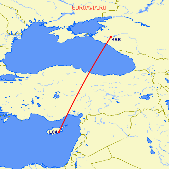 перелет Краснодар — Ларнака на карте