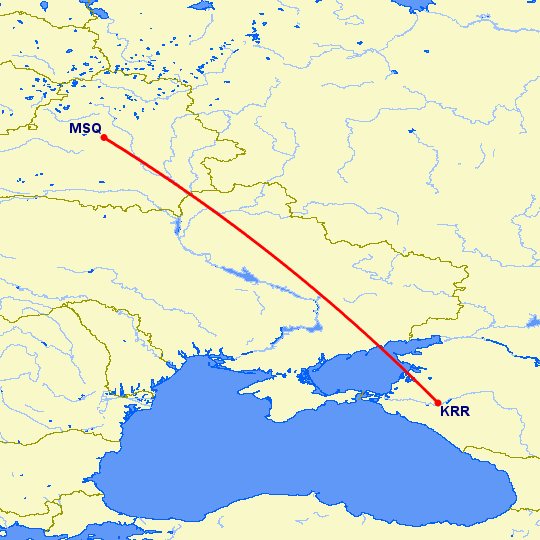 перелет Краснодар — Минск на карте