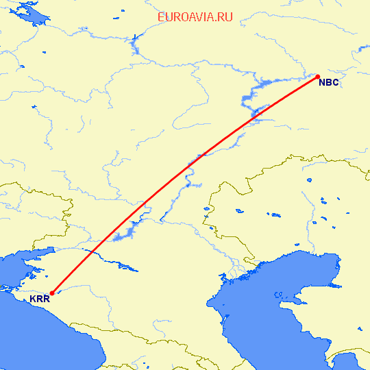 перелет Краснодар — Набережные Челны на карте