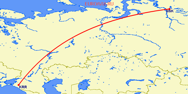 перелет Краснодар — Норильск на карте