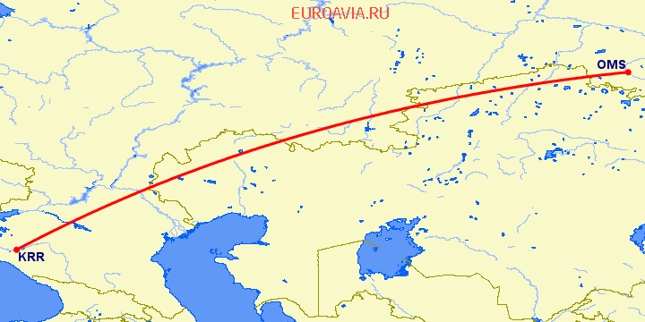 перелет Краснодар — Омск на карте