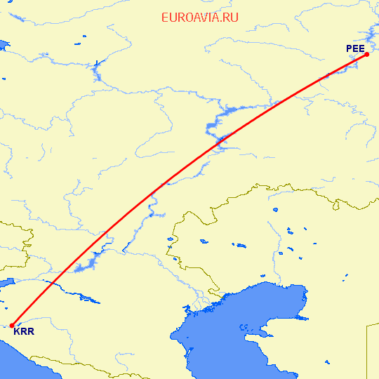 перелет Краснодар — Пермь на карте