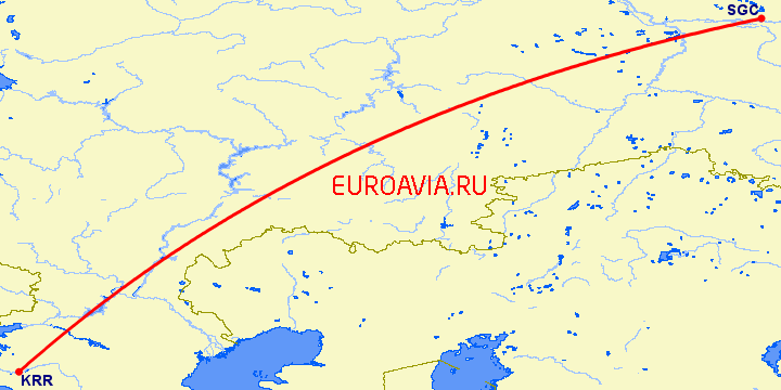 перелет Краснодар — Сургут на карте