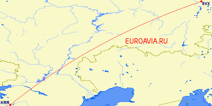 перелет Краснодар — Екатеринбург на карте