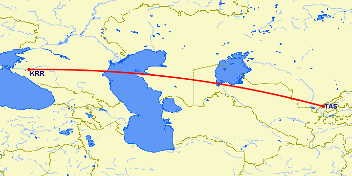 перелет Краснодар — Ташкент на карте