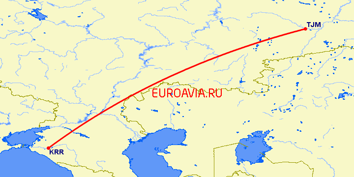 перелет Краснодар — Тюмень на карте