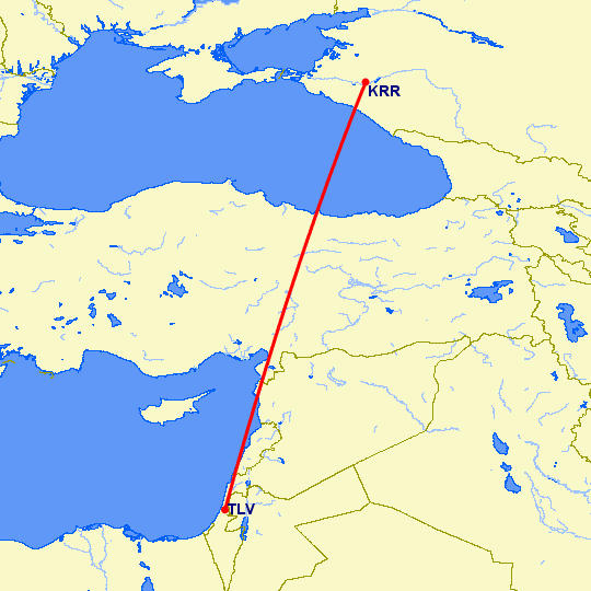 перелет Краснодар — Тель Авив на карте